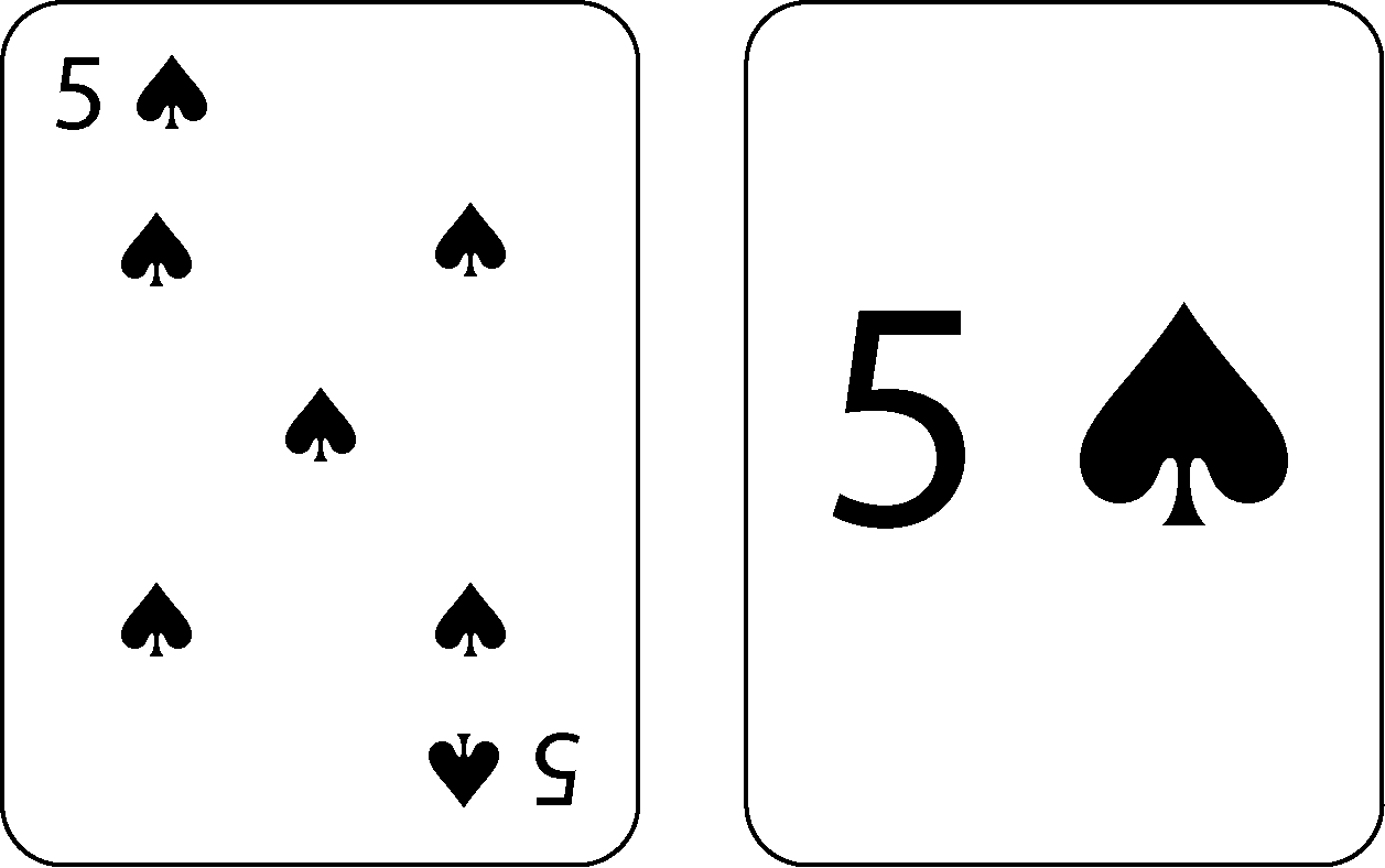 Conventional card design with five pips versus revised design with only key information retained (one number, one pip)