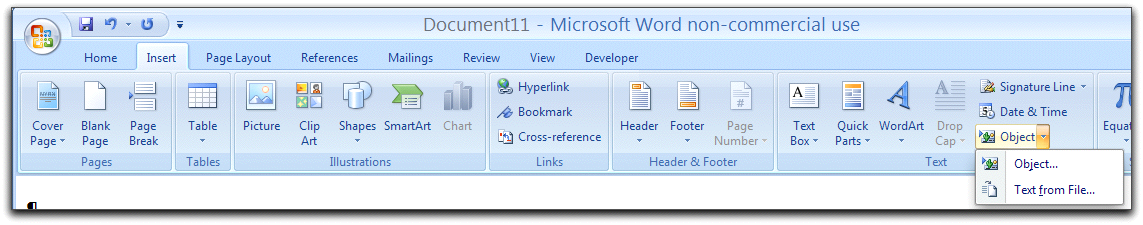 Inserting a text object in Word 2007