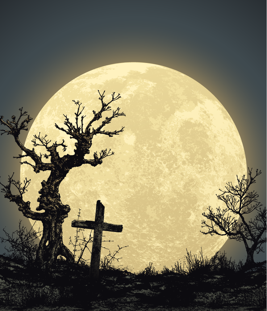 Cover illustration for A Higher Power (full moon and cemetary)