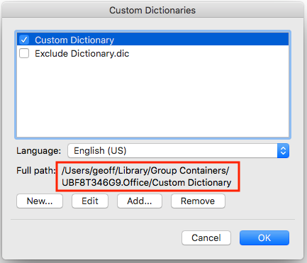 The custom dictionaries dialog box showing the file location