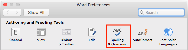 Accessing the Spelling and Grammar preferences pane