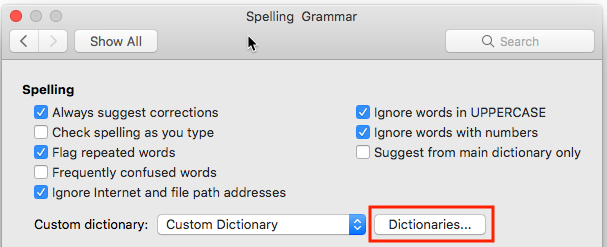 The spelling and grammar preferences dialog box