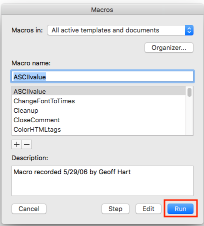 Running a macro from the Macros dialog box