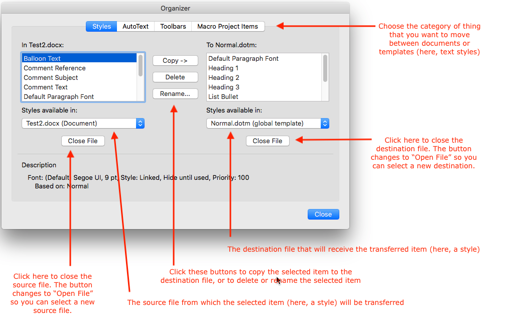 The Organizer dialog box