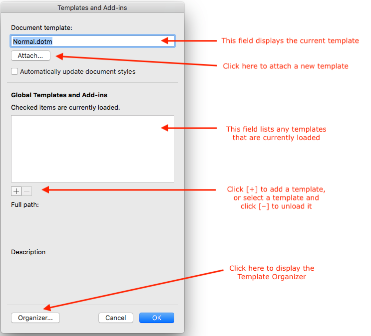 The Templates and Add-ins dialog box