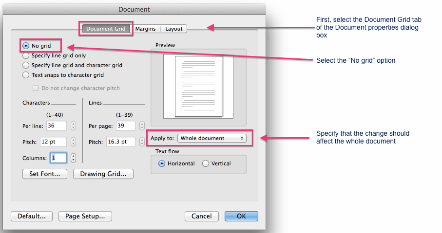 Changing settings in the Document Grid dialog box