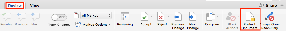 The protect document icon in the review tab