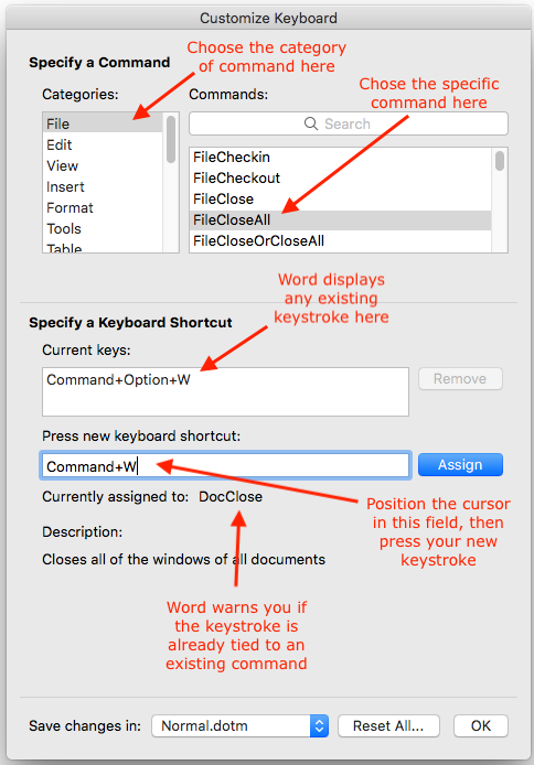 Details of the customize keyboard dialog box
