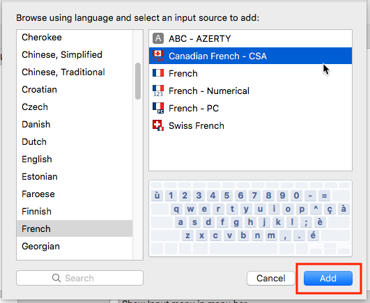 Selecting a French keyboard