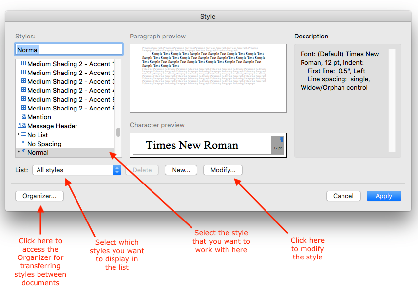 Details of the style dialog box