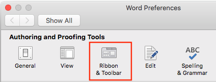 Selecting the Ribbon and Toolbar preference pane