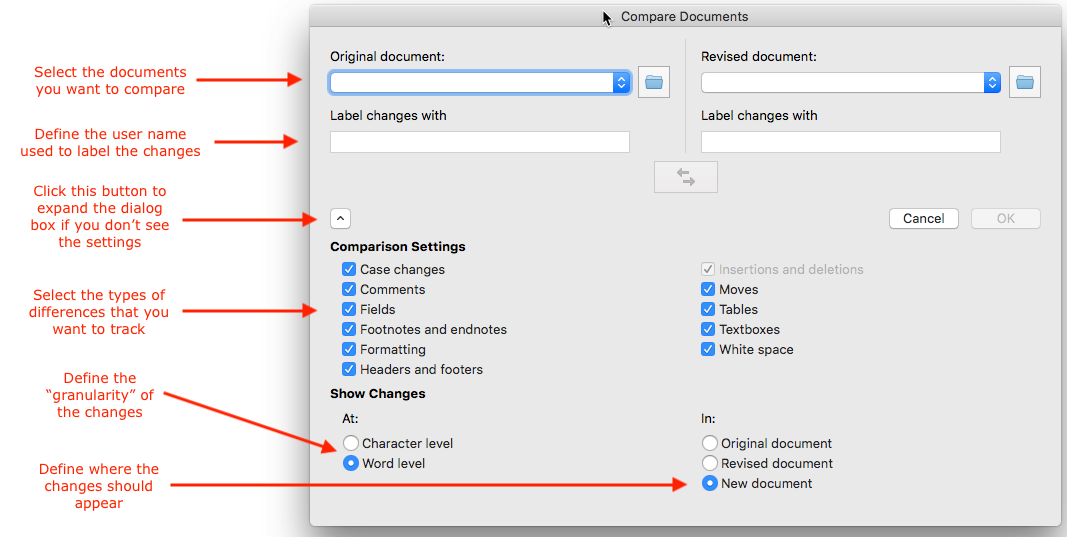 The compare documents dialog box