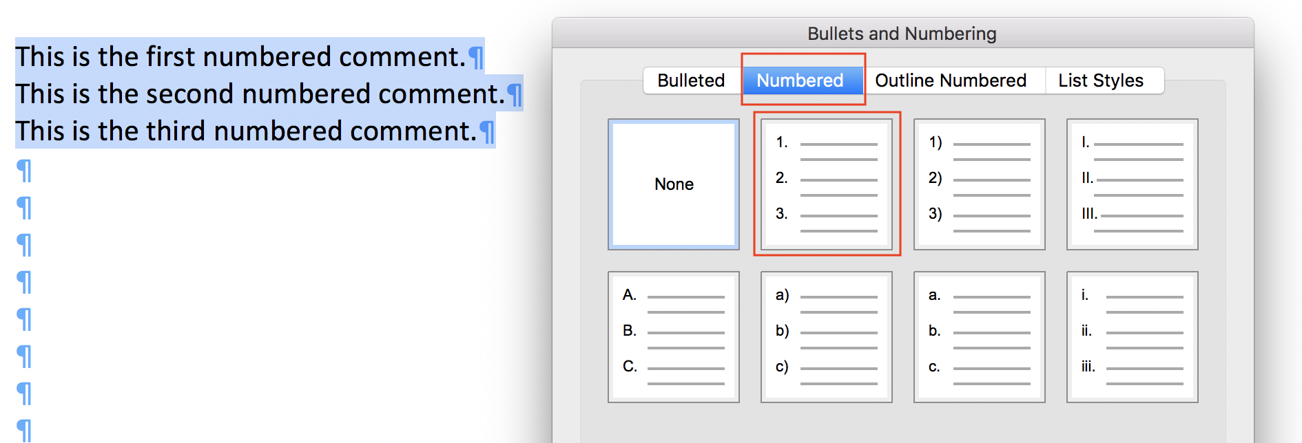 The bullets and numbering dialog