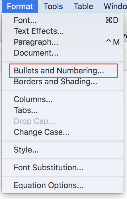 Selecting bullets and numbering from the Format menu