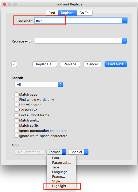the Find dialog box's format menu