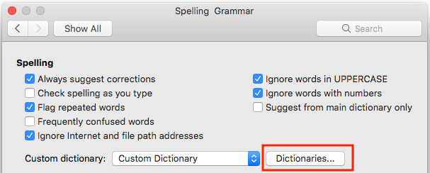 The dictionaries button