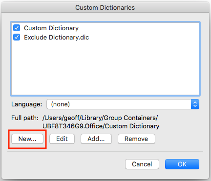The "new dictionaries" button