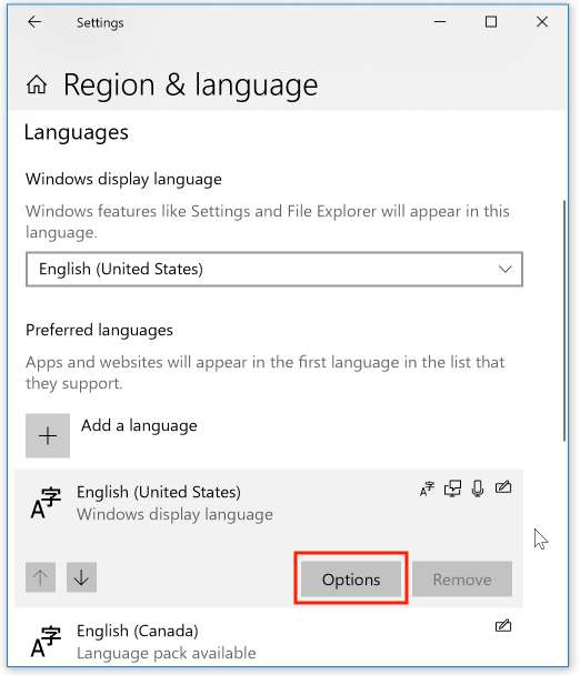 Language options button