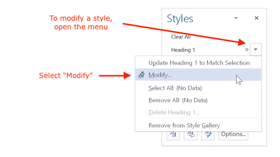 The modify style menu
