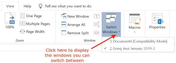 Switching windows from the Ribbon