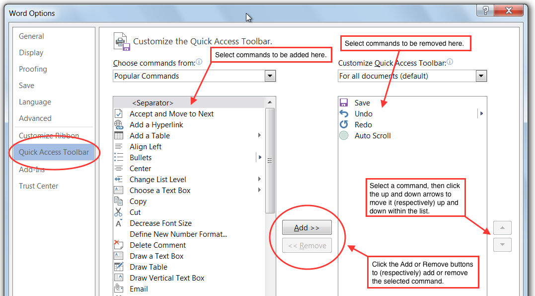 Adding or removing items from the Quick Access Toolbar