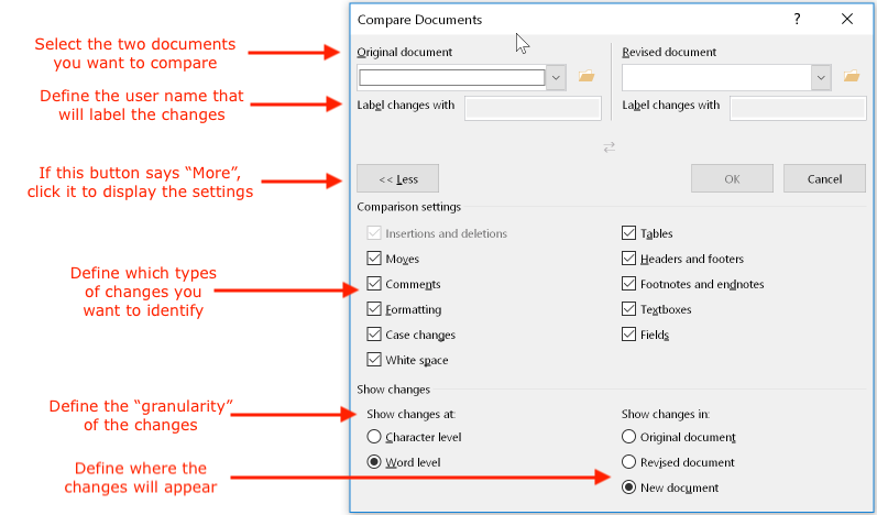 Details of the compare documents dialog box