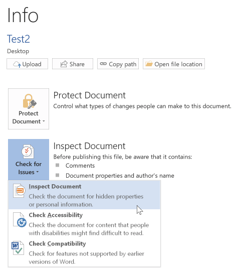 The inspect document dialog box