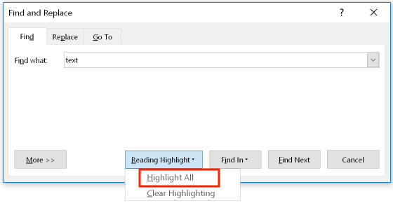 The reading highlight option in the Find Dialog