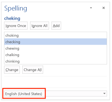 Spellcheck language applied to word