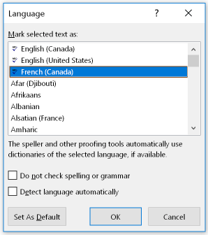 The spellcheck language dialog box
